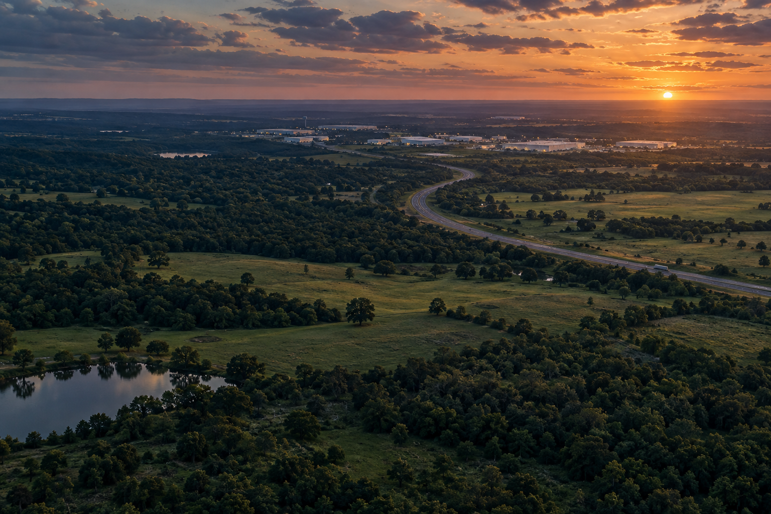 Illustrative aerial landscape with open land, woodland, and a highway